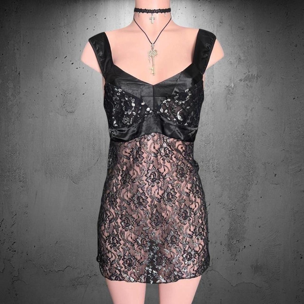 Vintage Avon Metallic Floral Lace Babydoll Chemise S/P Black Silver Whimsigoth